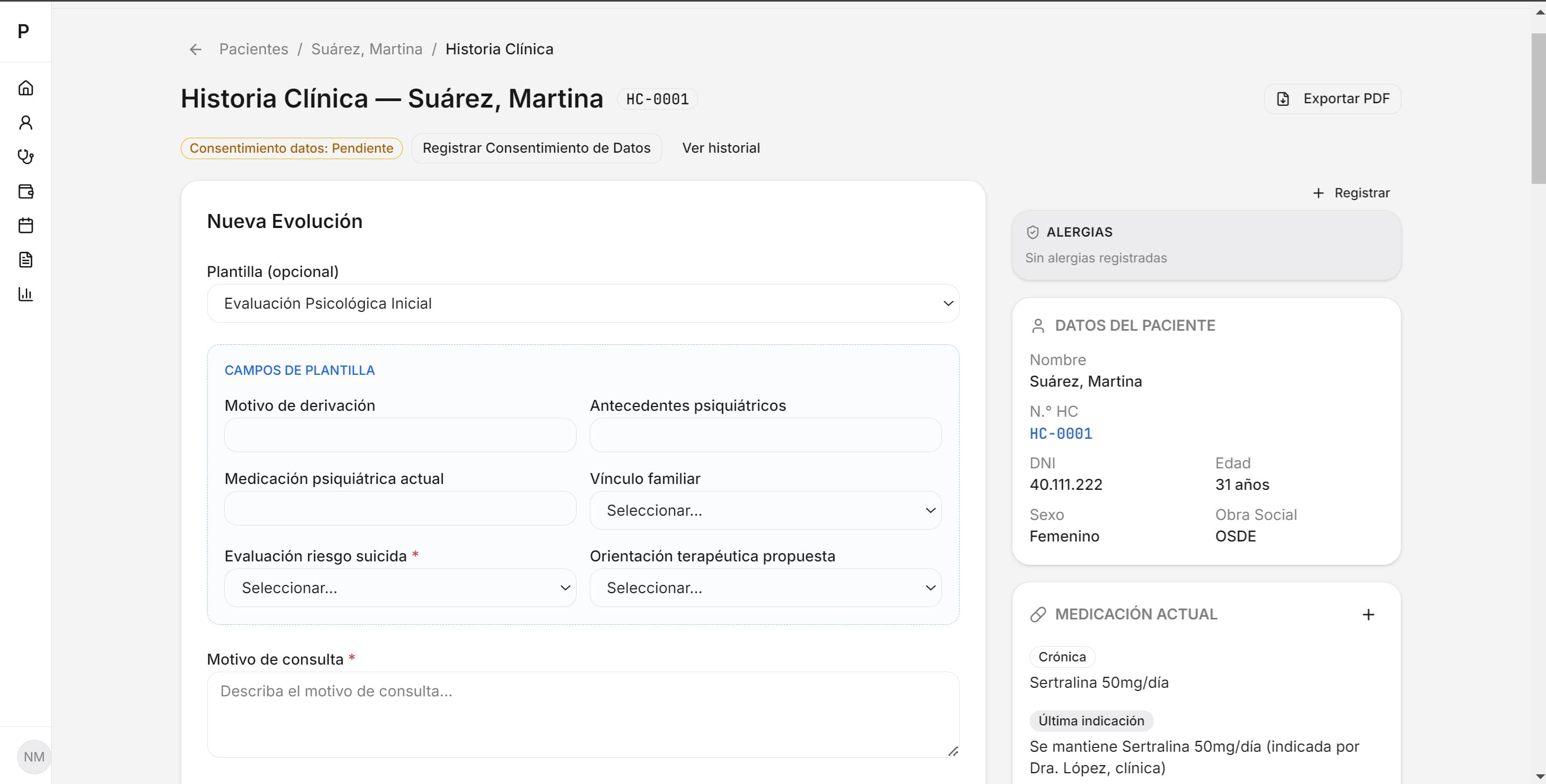 Captura de la app web de Prisma — vista de Historia Clínica