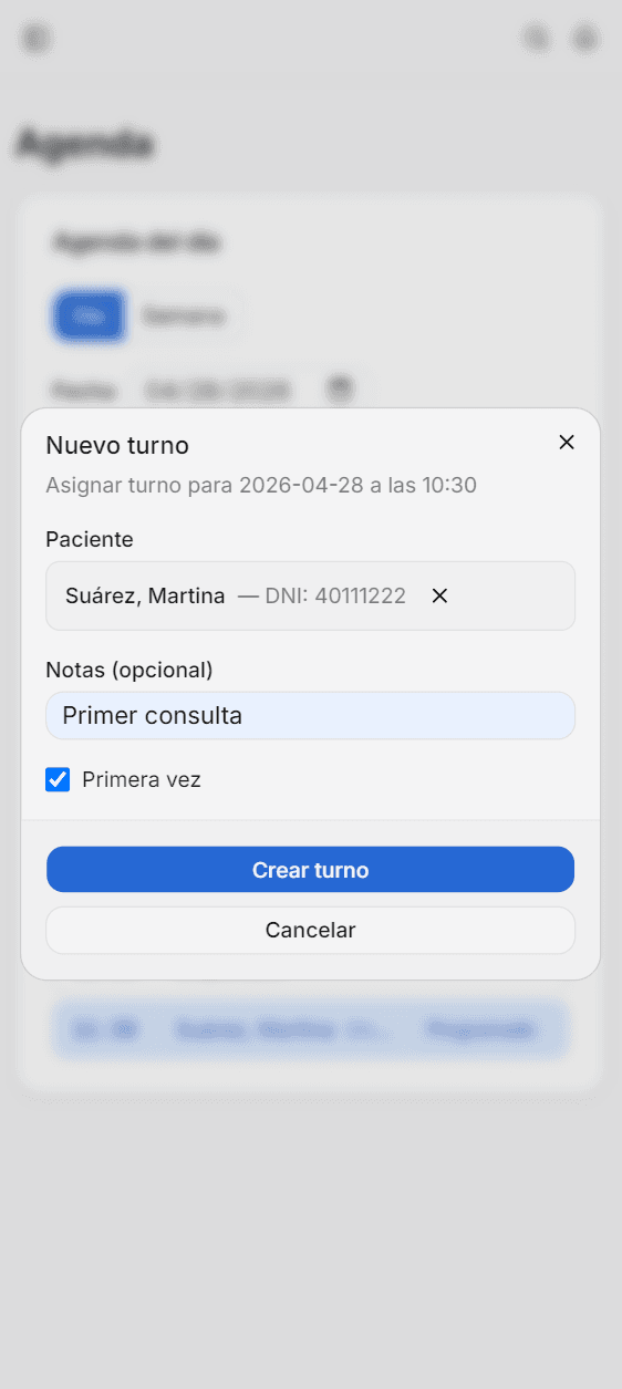 Captura de la app de Prisma en mobile — alta de turno